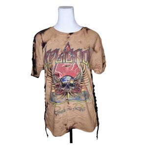 Affliction Tie Dye Lace Up Skull Rock TShirt Womens Size M Brown NEW
